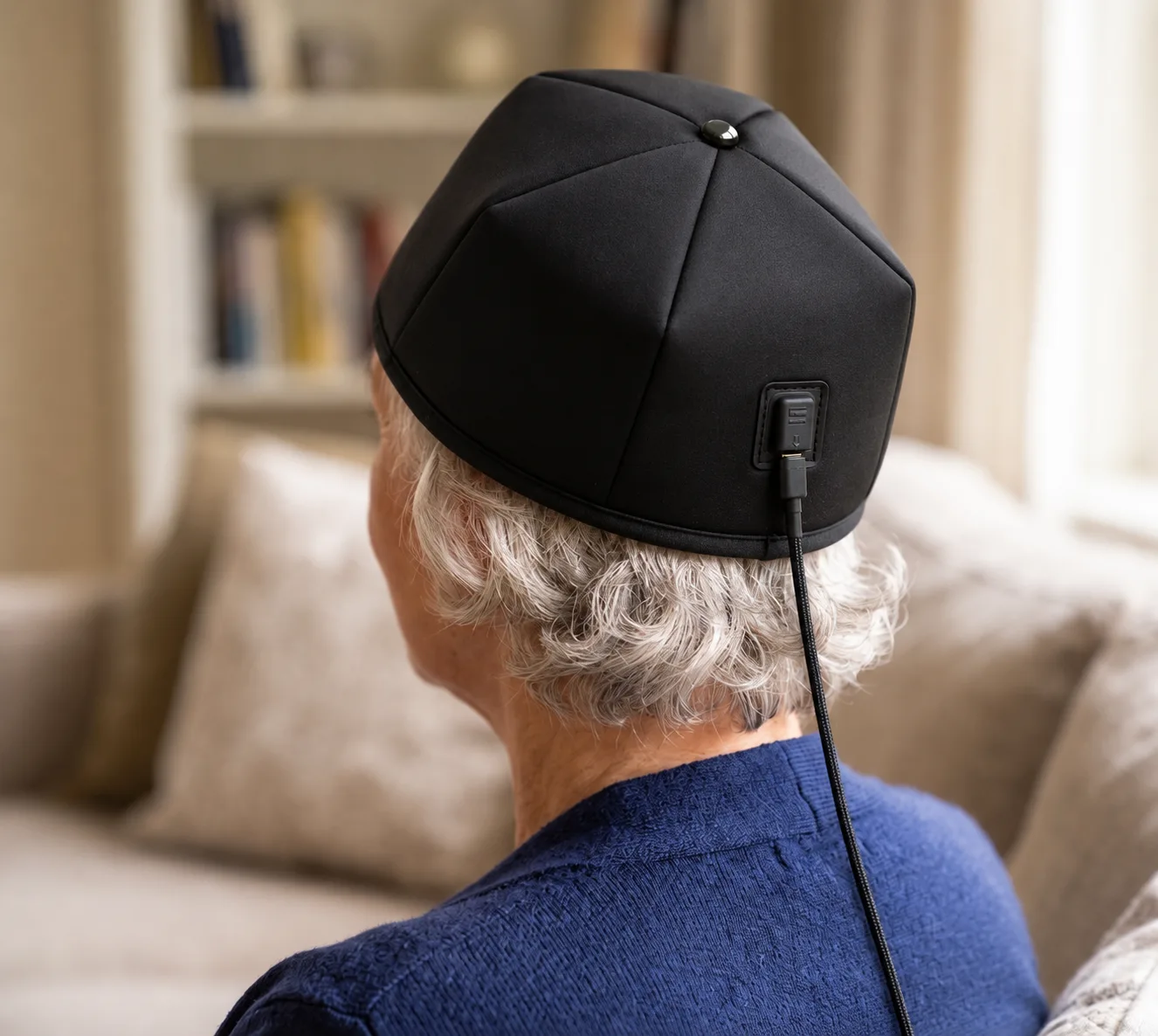 Woman wearing Culique Infrared Therapy Hat for Scalp and Hair